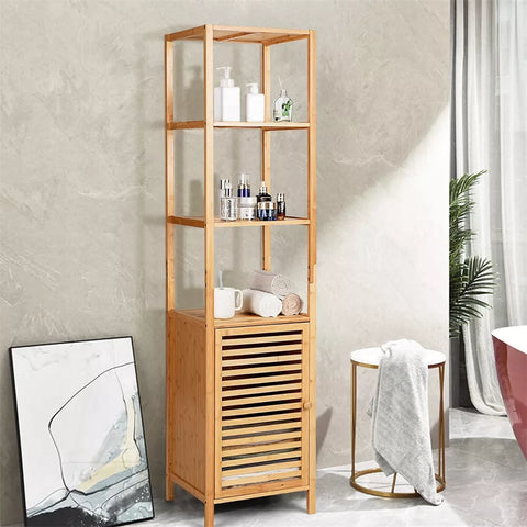 Bamboo  Tall Slim Cabinet w/ Shutter Door 4 Tier Shelves